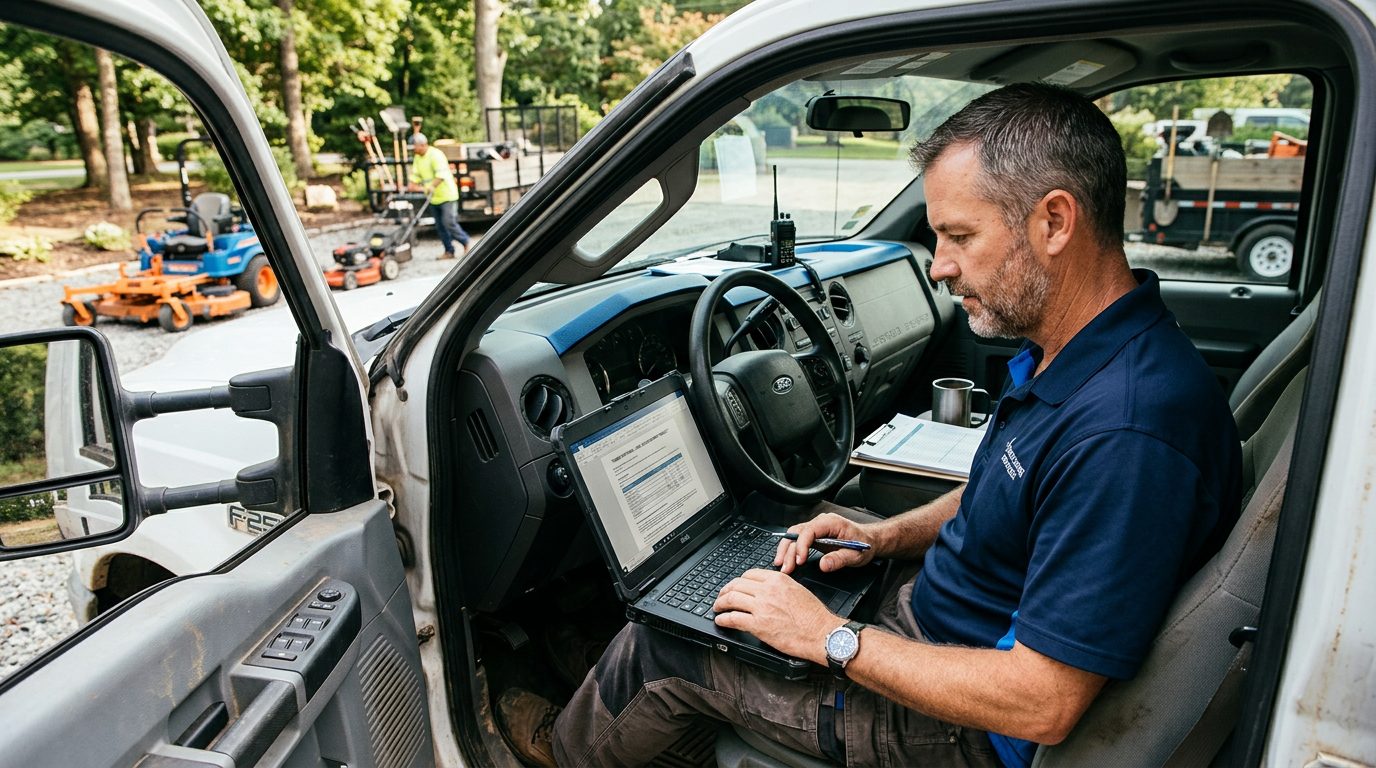 A landscaping business owner reviewing a tender proposal on a laptop in a truck
